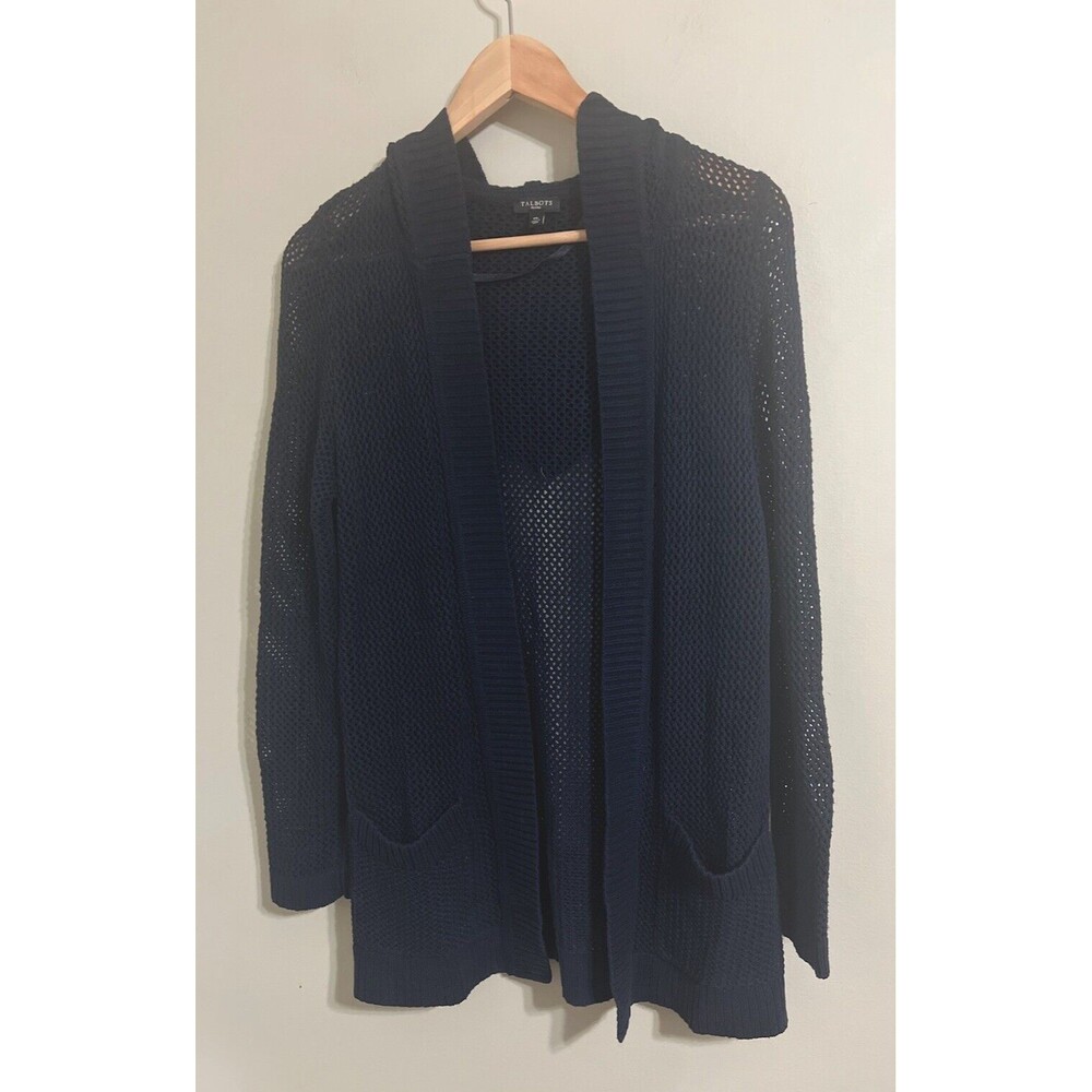 Talbots Cardigan Sweater Blue Hoodie Cotton Open Front Long Pockets size PMedium